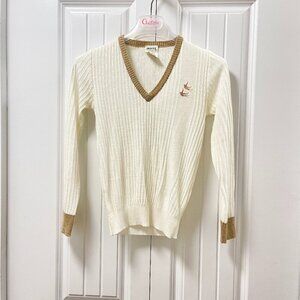 Vintage Dodtex Trim V-Neck Embroidered Bird Sweater Cream & Tan –  M